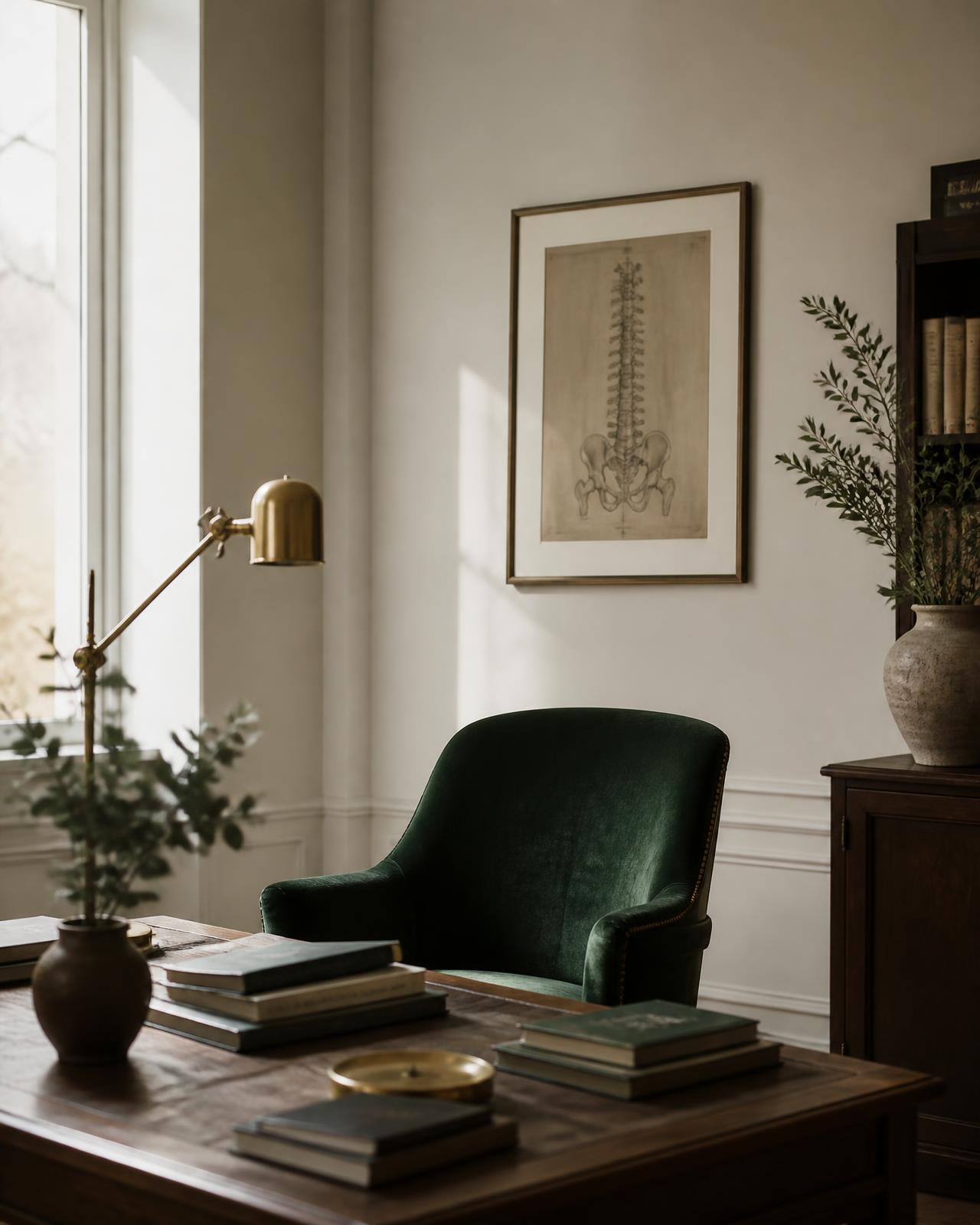 A sunlit study with medical books, brass lamp, and a forest green chair